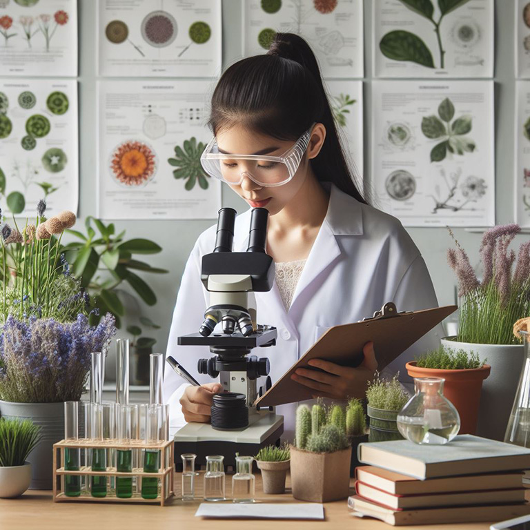 woman in lab coat looking at microscope with plants and botany posters around her